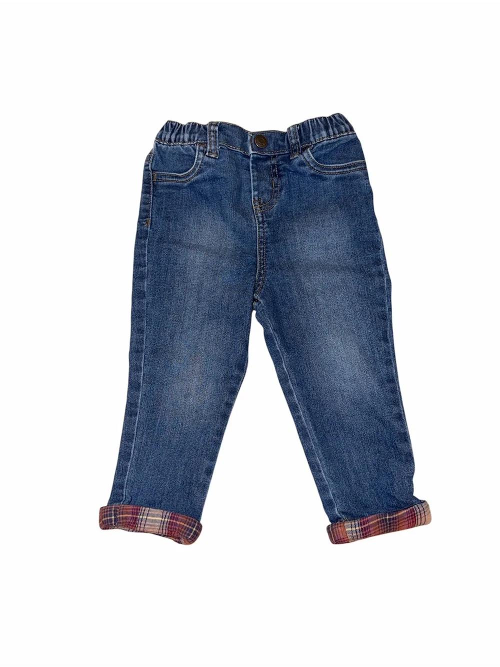 Baby Bgosh OshKosh Jeans 18M Plaid Cuff Pull On Denim Tapered Cabincore Flannel